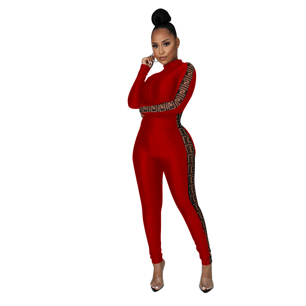 Mesh Print Stitching Long-Sleeved Jumpsuit