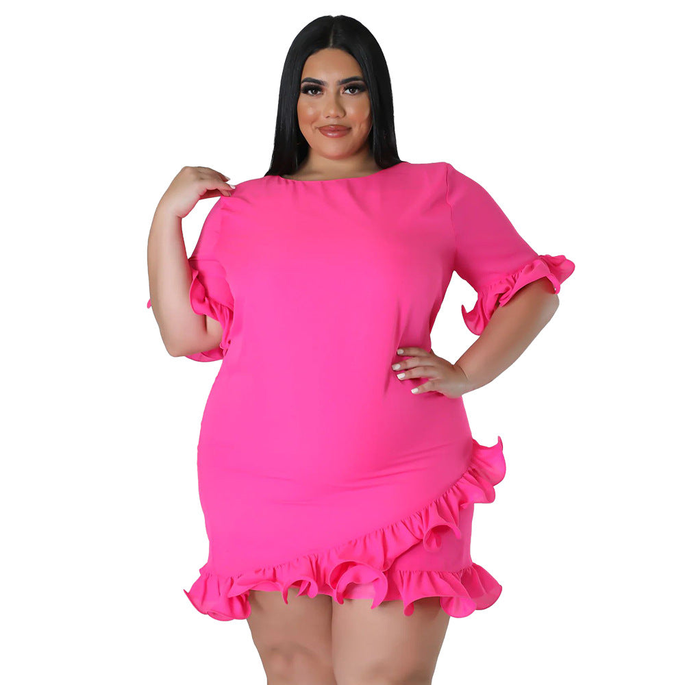 Slim-fit Round-neck Solid-color Casual Dress With Ruffled Hem