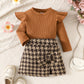 Girl's Long-sleeved Top With Plaid Bow Short Skirt Set