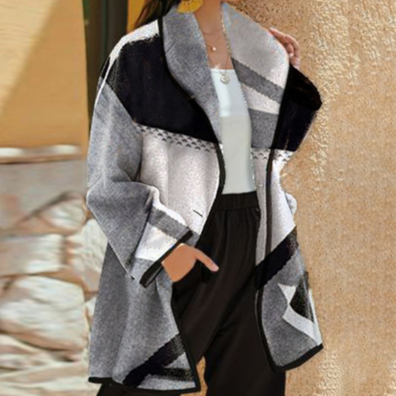 Ladies Fashion Autumn And Winter Plaid Colorblock Lapel Loose Wool Coat