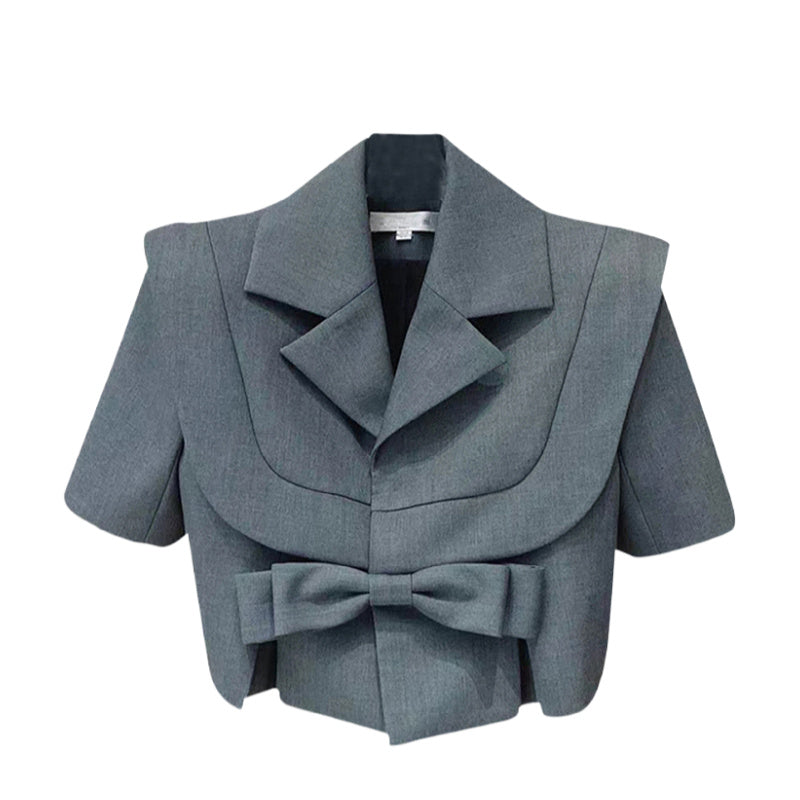 Fashion Temperament Short Design Sense Gray Bow Small Suit Jacket Women Suit Jacket