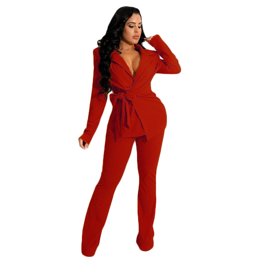 Ensemble deux pièces pour femme, couleur unie, col en V, tendance et professionnel