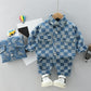 Combinaison à carreaux avec double poche et revers, pantalon à manches longues et salopette pour enfant