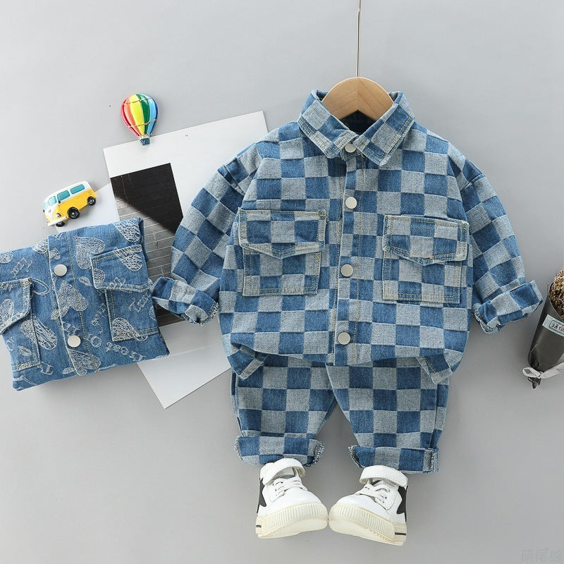 Combinaison à carreaux avec double poche et revers, pantalon à manches longues et salopette pour enfant