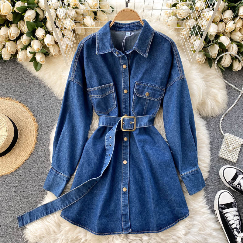 Women's Retro-breasted Denim Jacket With Polo Collar And Waist Was Thin