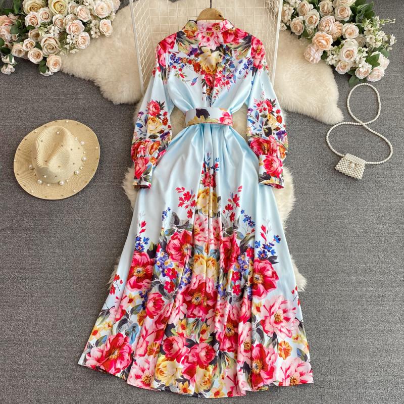 Light Luxury Lapel Puff Sleeve Single-breasted Printing A Words Dress