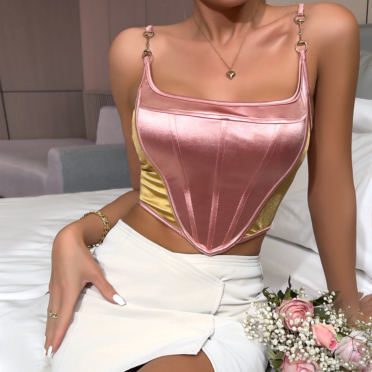 Women's Contrasting Color Patchwork Waistband Bone Suit