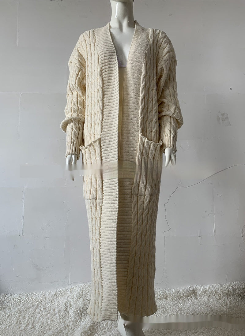 Cardigan long en tricot avec poche, pull long, manteau épais, européen et américain