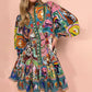 Vintage Pleated Dress With A Printed Round Neck Fitted Waist And Tie Closure