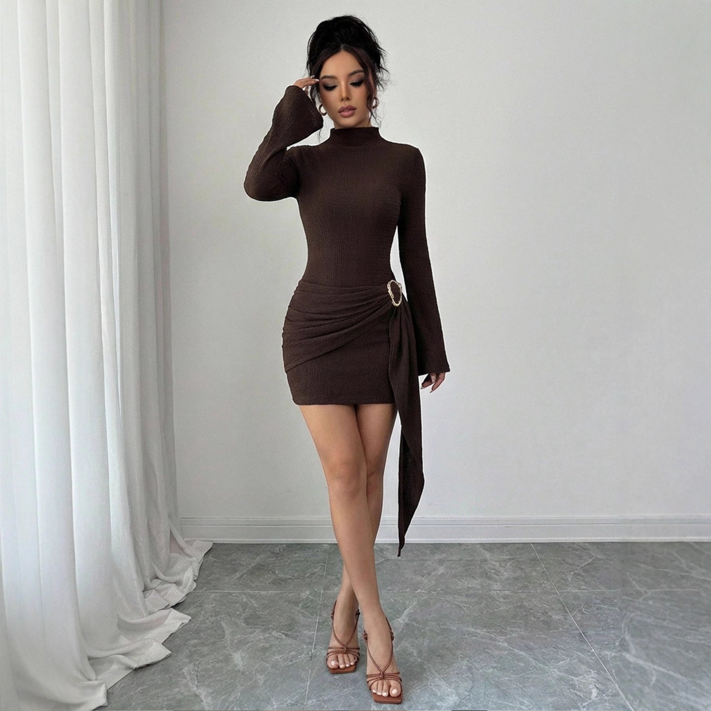New Arrival Knitted Textured Solid-color Slim-fit Figure-flattering Dress With Metallic Buttons