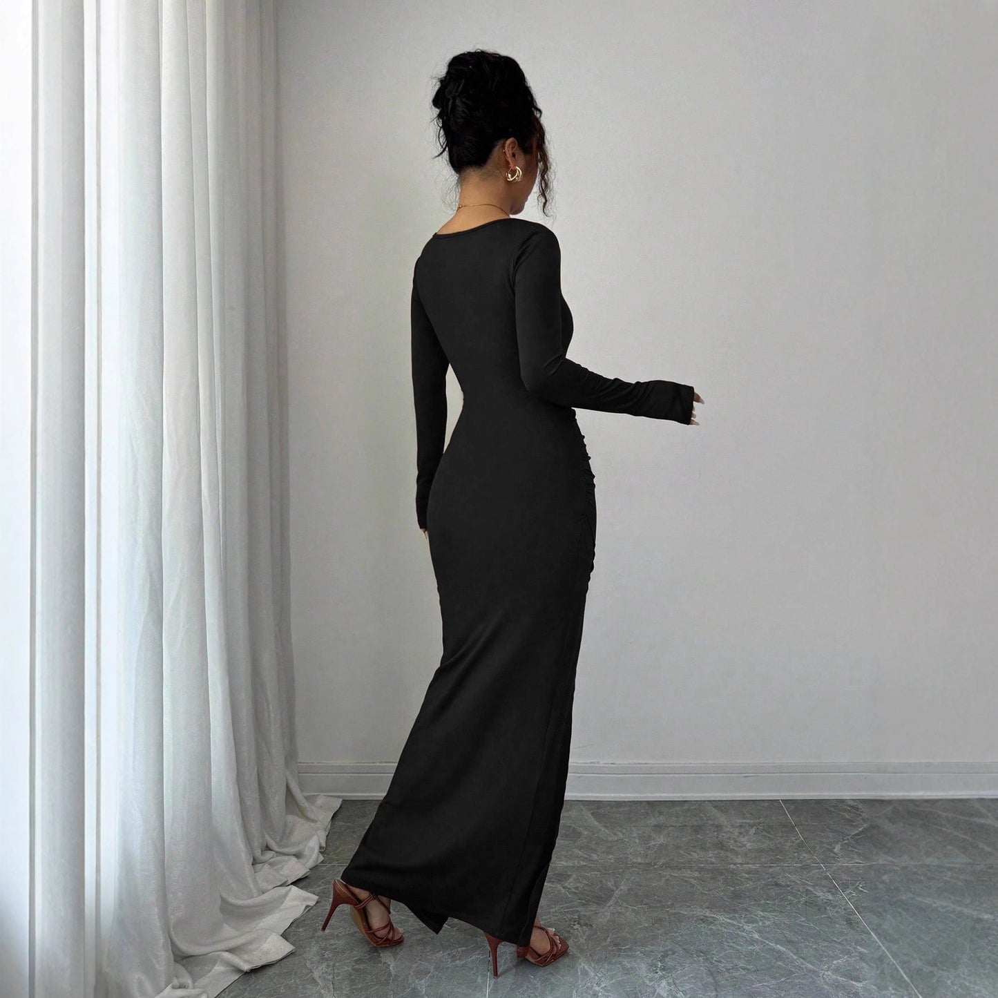 Women's Solid-Color Slimming Knitted Long-Sleeve Split Dress