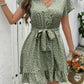 Summer French High Waist Floral Tie-neck V-neck Short Sleeve Dress