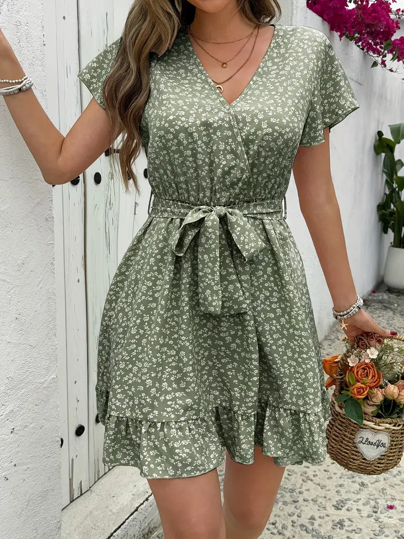 Summer French High Waist Floral Tie-neck V-neck Short Sleeve Dress