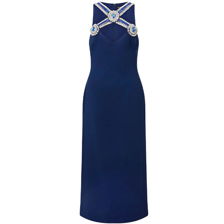 Nouvelle robe sexy sans manches à col en V et diamants