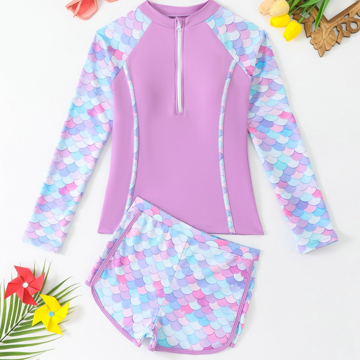 Split Boxer Long Sleeve Zipper Swimsuit With Chest Pad