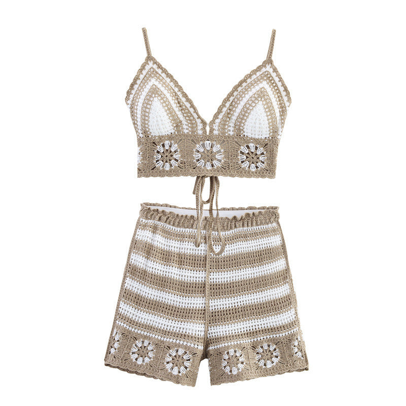 Seaside Vacation Beach Suit Women's Summer New Hollow Knitted Halter Top High Waist Shorts