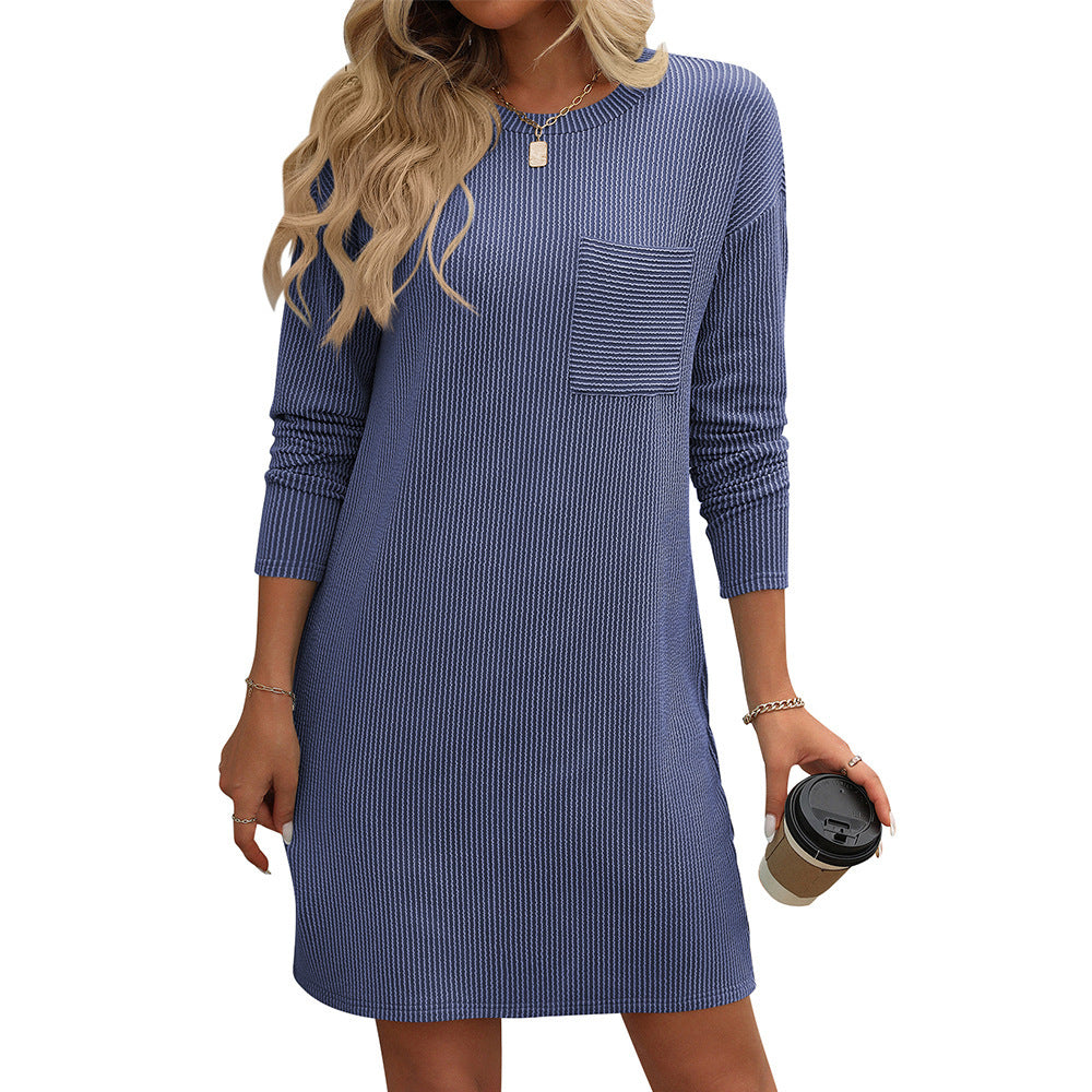 Robe à manches longues et col rond pour femme, couleur unie, rayée, avec poches, coupe droite