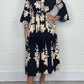 Elegant Printed Stand-up Collar Cinched Long Sleeve Dress
