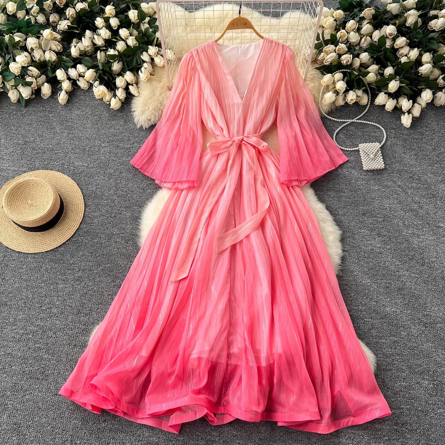 Waist Trimming Lace Up Loose V-neck Flared Sleeves Gradient Color Dress