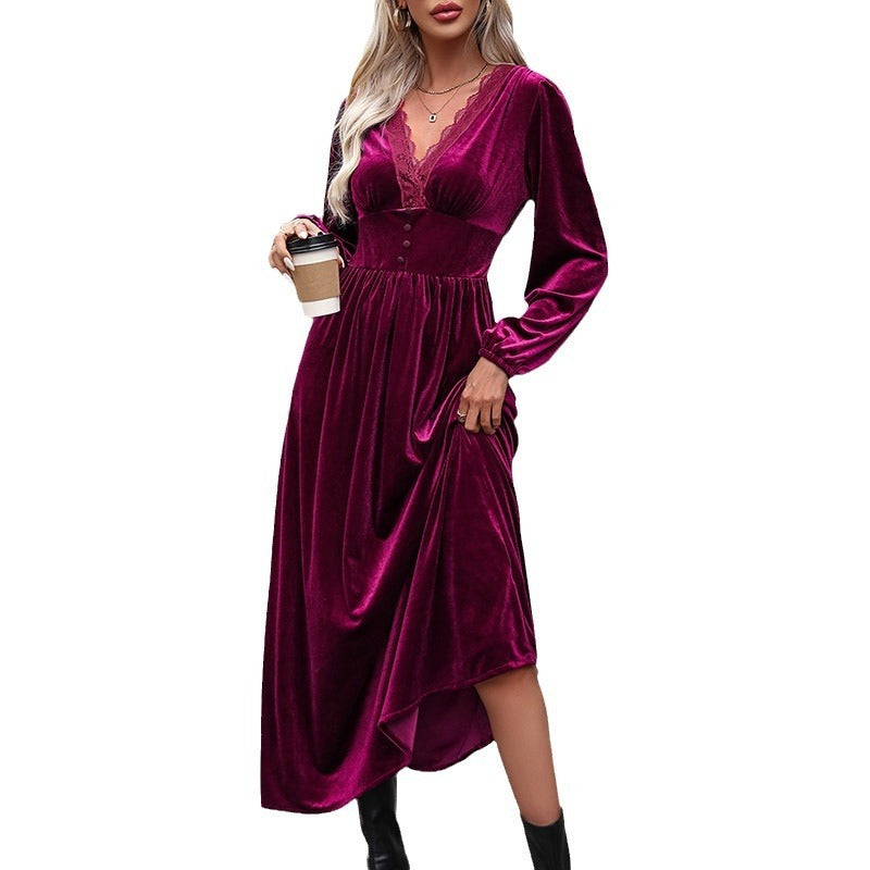 Robe longue en dentelle patchwork élégante en velours