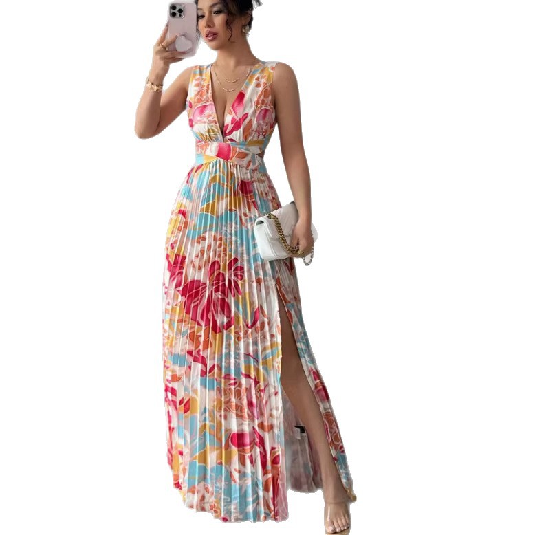Womens Sexy Deep V-Neck Sleeveless Printed Dress With Slit Hem And Pleats