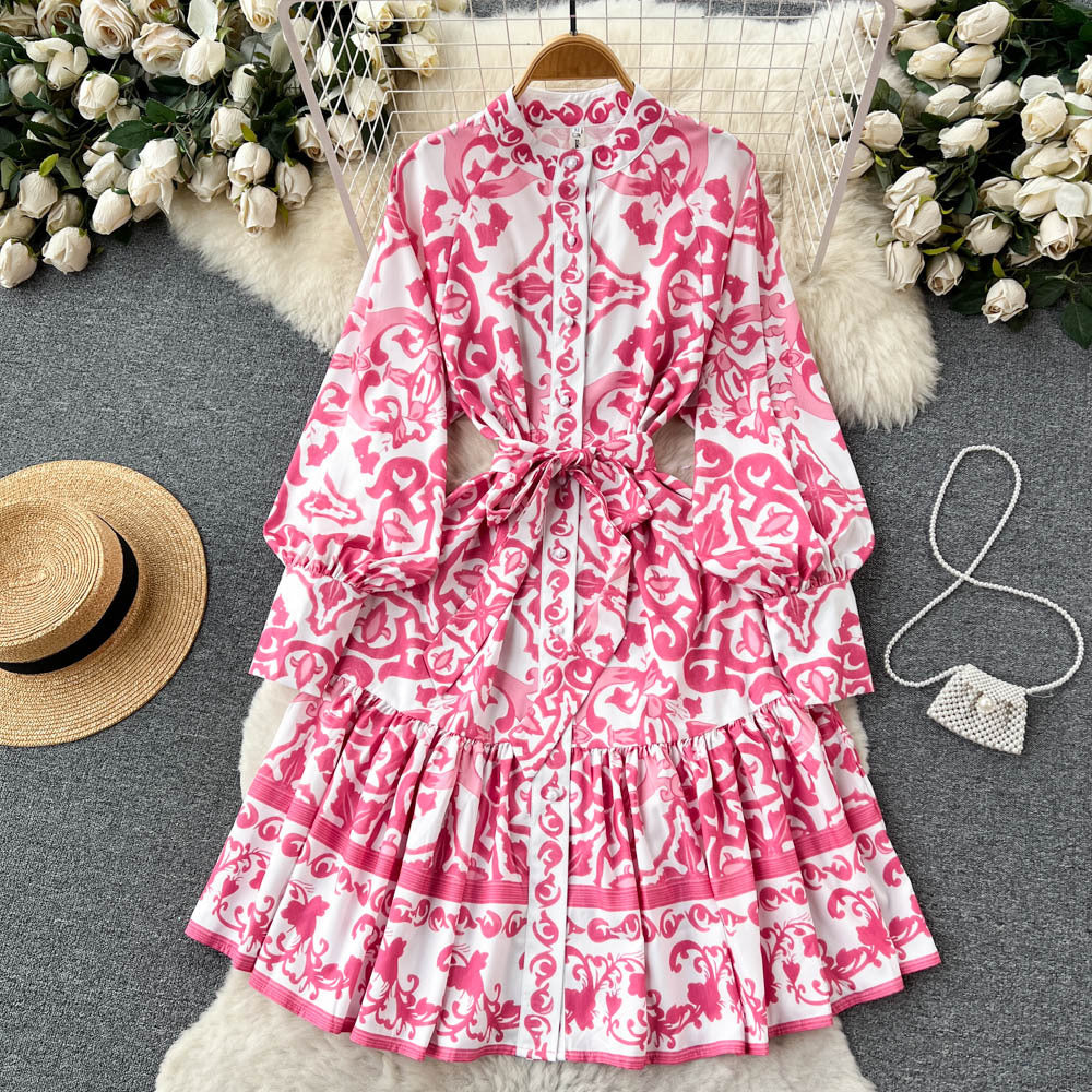 Single-breasted Ruffled Printed Dress