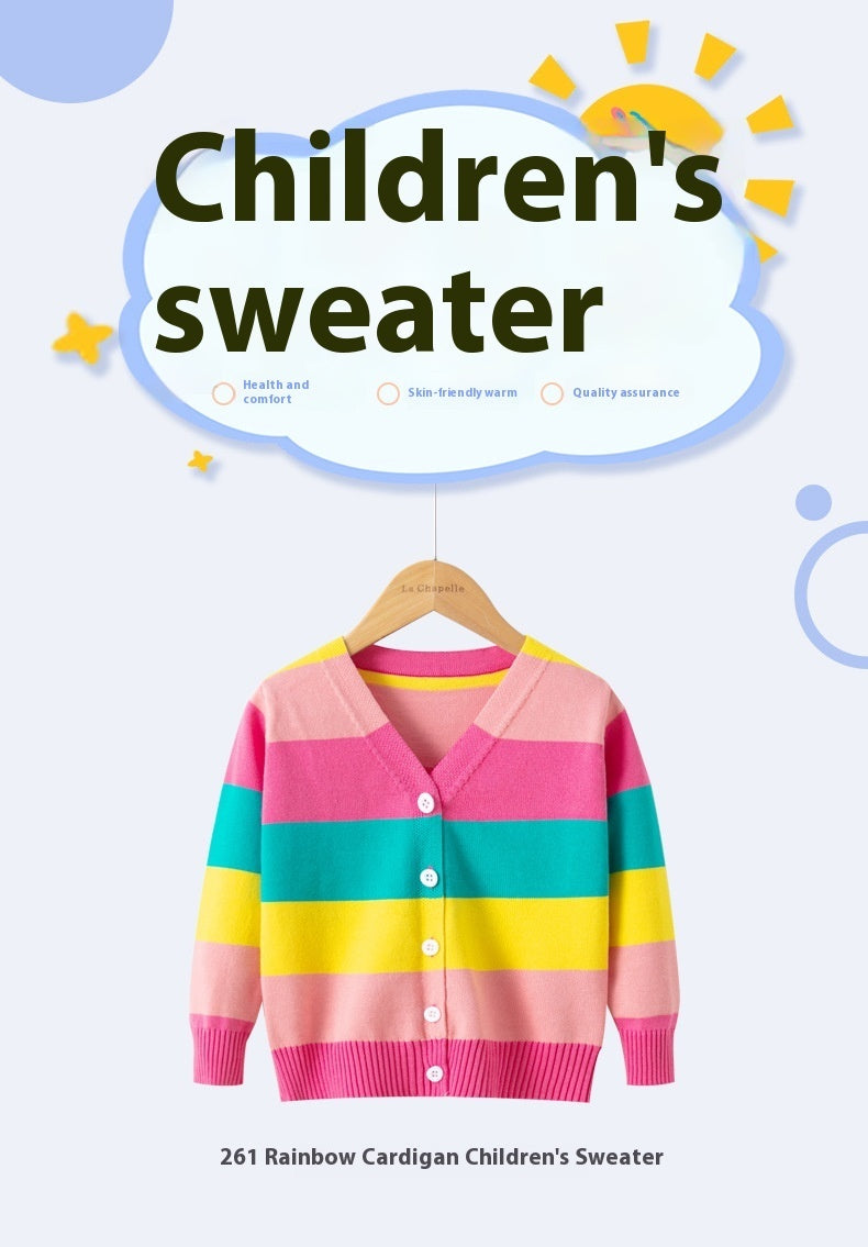 Children's Cotton Sweater Rainbow Striped Cardigan Knitted Coat