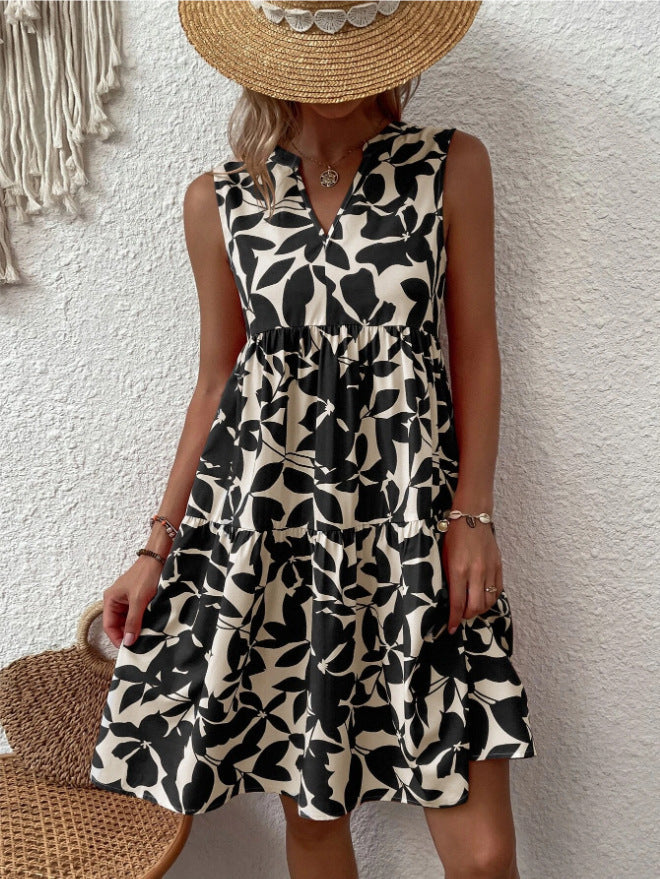 Robe bohème d'été à imprimé plissé et col en V, sans manches, pour femme