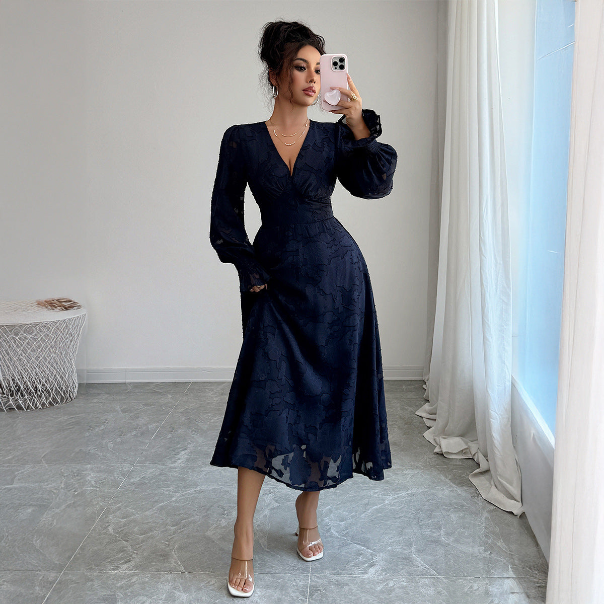 Elegant And Stylish Deep V Lace Long Sleeve Dress For Women