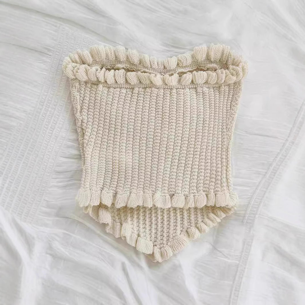 White Knitted Fabric Tube Top New Knitted Slim Fit Single Row Multi-buckle