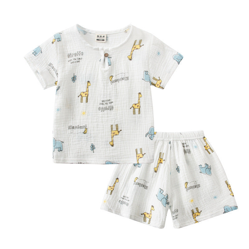 Cotton And Linen Short Sleeve Shorts Suit Round Neck Cartoon Printing
