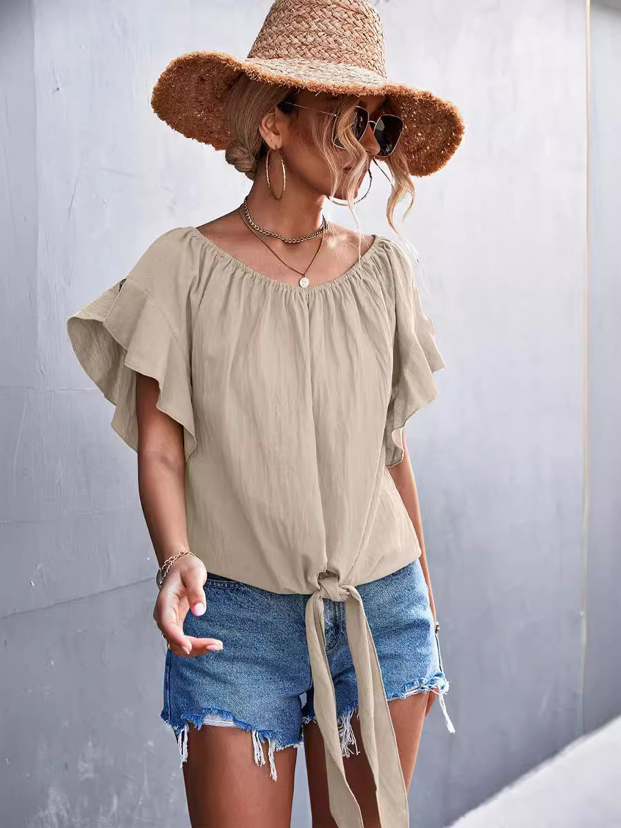 Ruffled Lace-up Round Neck Two-way Top