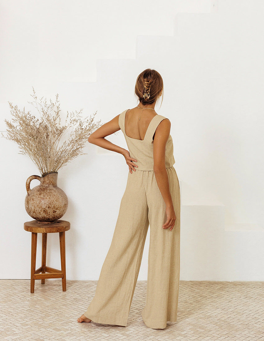 Gilet en coton et lin en gros, pantalon sans manches, tenue ample, costume tendance