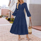 V-neck, Waist-cinched, Layered Puffed-sleeve Dress Fashionable Ruffled Maxi Skirt