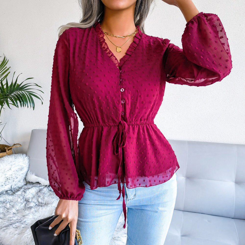 Chemise en mousseline de soie à pois, manches longues, volantée, nouée à la taille, style lanterne, printemps et été