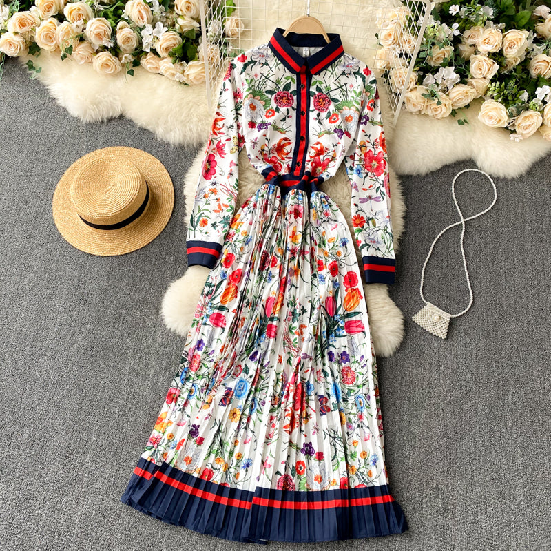 Women's Pleated Printed Dress Long Skirt