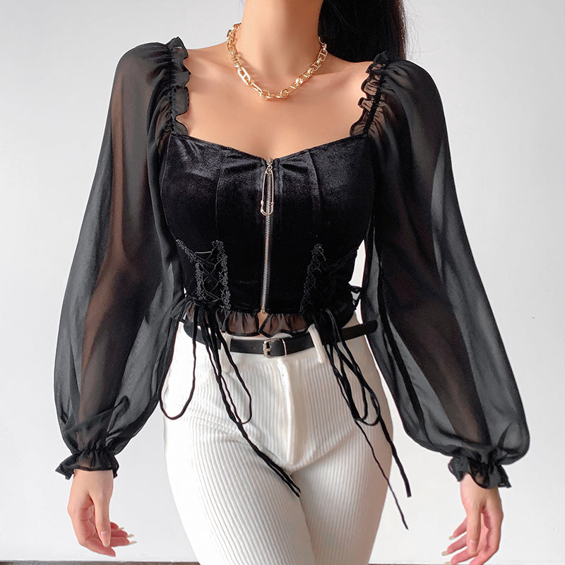Temperament Square Neck Puff Sleeve Top Women's Niche Design Sense Strap Zipper