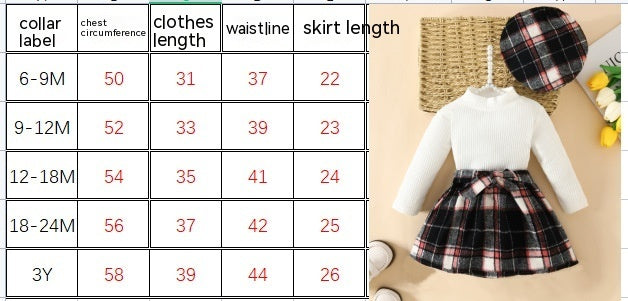 Ensemble trois pièces haut à col roulé, jupe tartan à cordon de serrage et béret