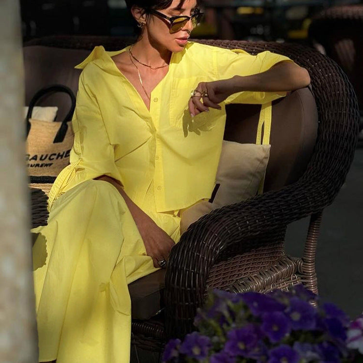Lapel Shirt Yellow Skirt Suit Two-piece Set