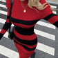 Casual Waist-Cinched Slim-Fit Two-Tone Striped Contrast-Color Sweater Dress For Women