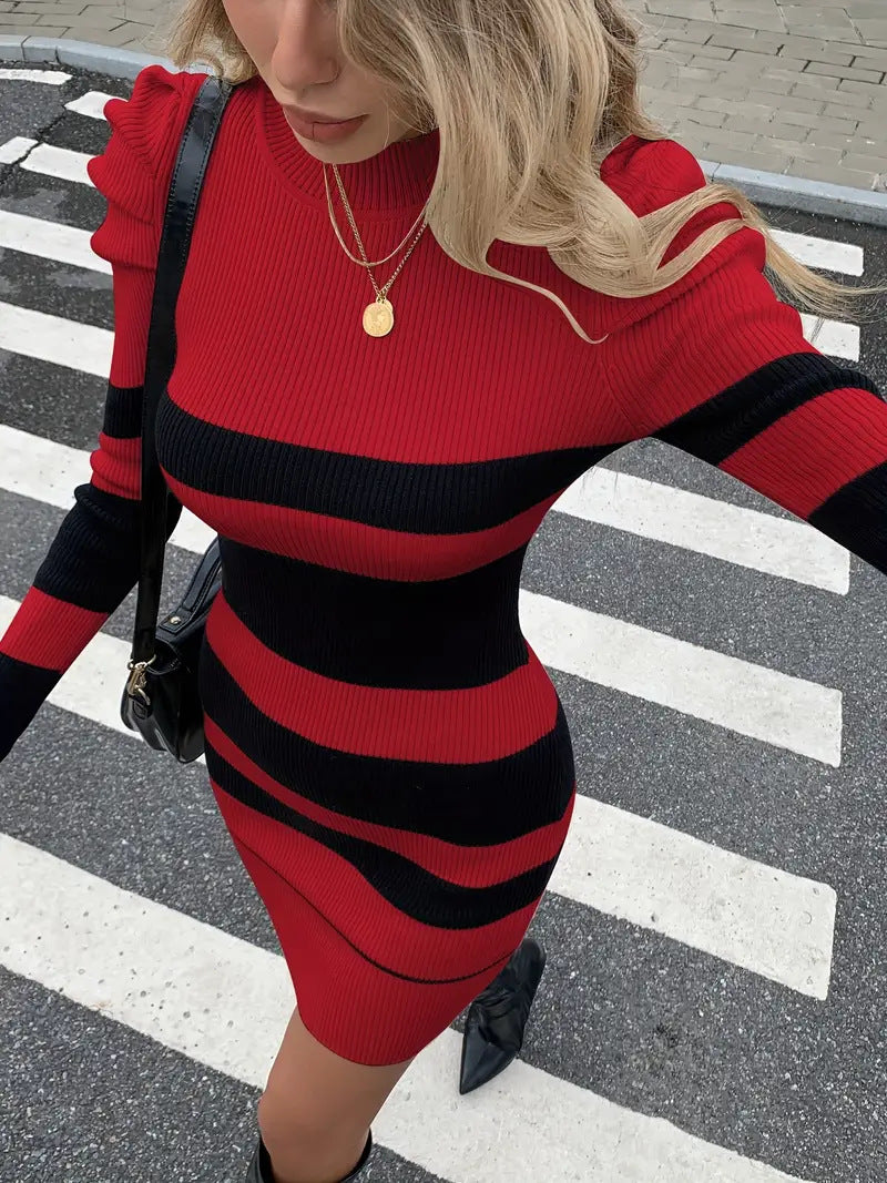 Casual Waist-Cinched Slim-Fit Two-Tone Striped Contrast-Color Sweater Dress For Women