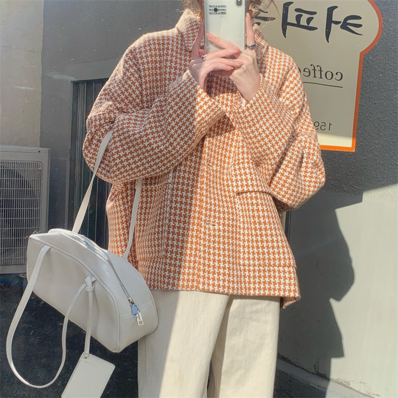 Houndstooth Yuan Orange Complexion Lapel Thick Underwear Women