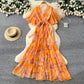 Strap-tied Waist V-Neck Irregular Print Chiffon Maxi Dress