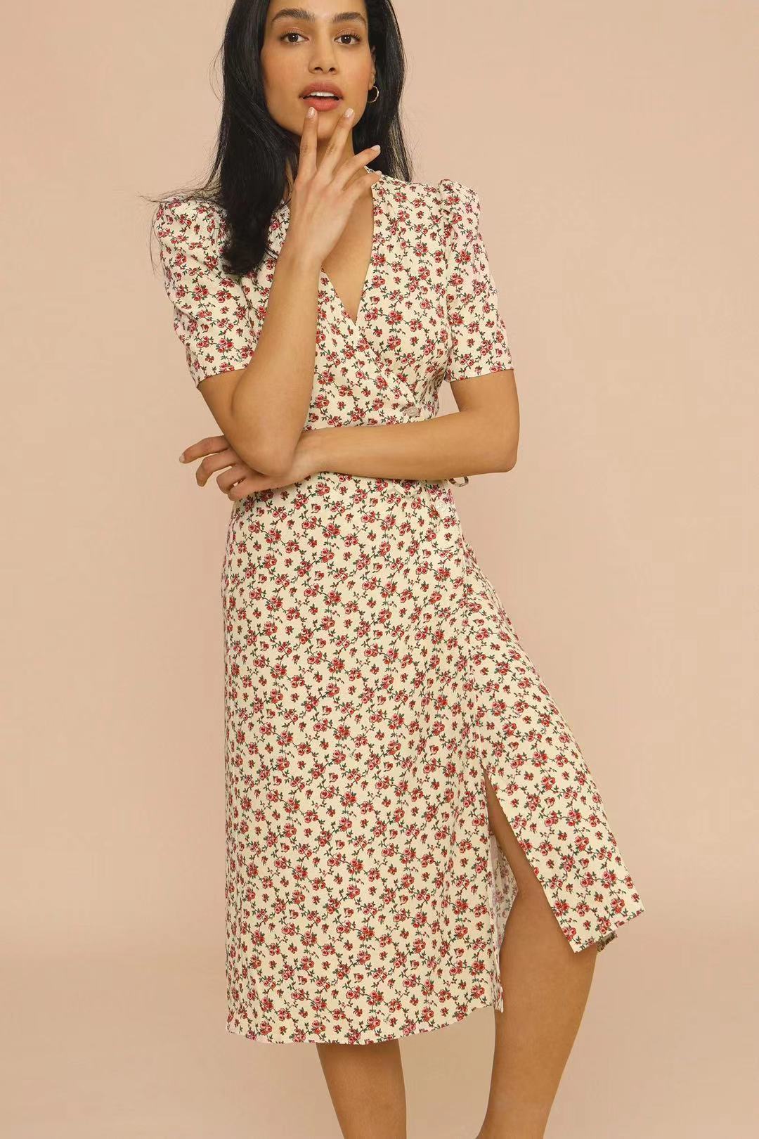Summer New Women's V-Neck Breasted Lace-Up Waist Slimming Mid-Length Dress
