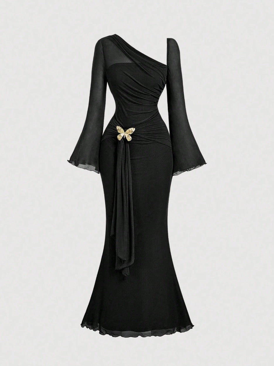 Flared Sleeves With A Butterfly-clasp Design Create A Slimming Ruched Look