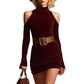 Burgundy Velvet High-neck Off-shoulder Dress