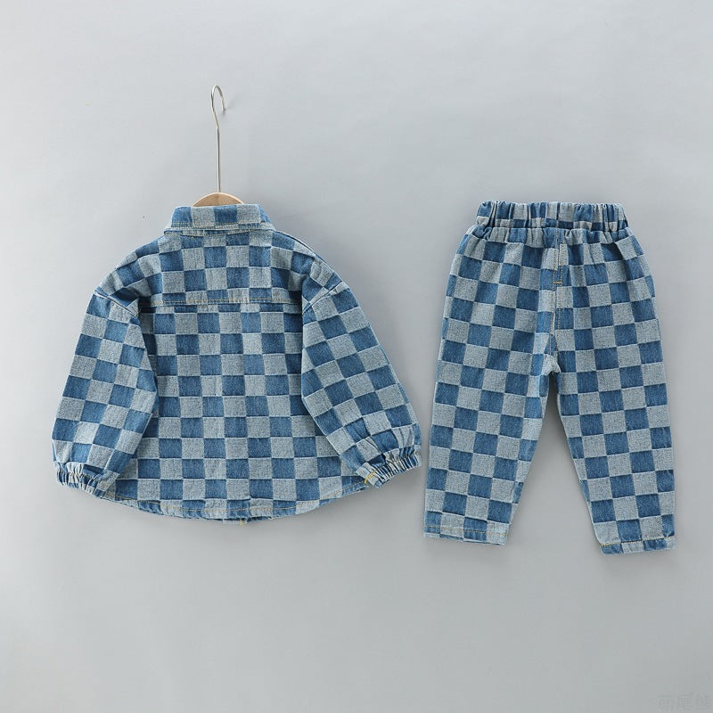 Combinaison à carreaux avec double poche et revers, pantalon à manches longues et salopette pour enfant