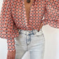 Long Sleeve Lapel Cardigan Single-breasted Solid Color Half-length Lantern Sleeve Temperament Commute Red Shirt
