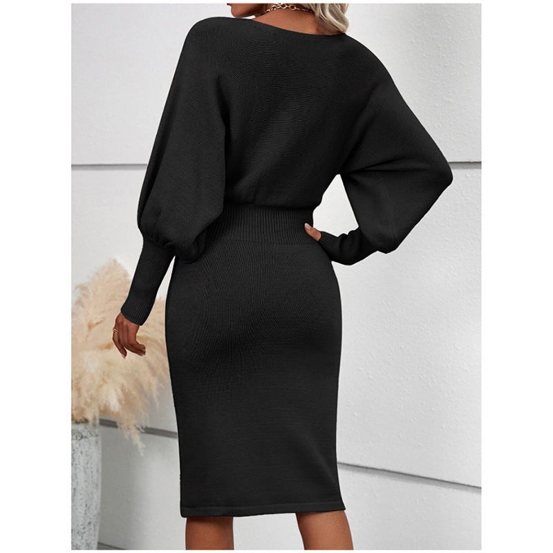 European And American Temperament Crew Neck Long Sleeve Solid Color Waist Tight Slimming Knitted Hip Skirt