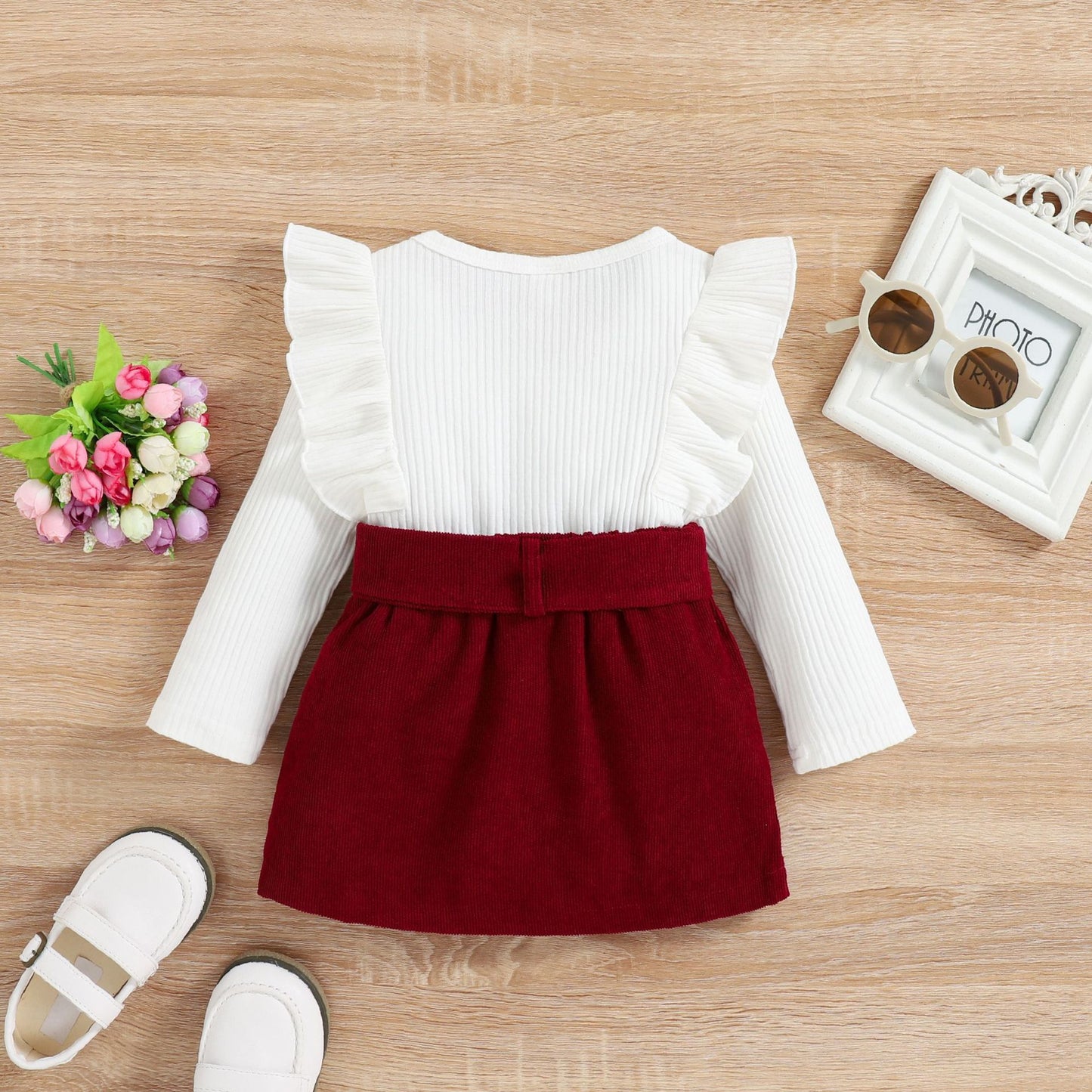 Girls Autumn And Winter Solid Color Lace Long-sleeved Corduroy Suit